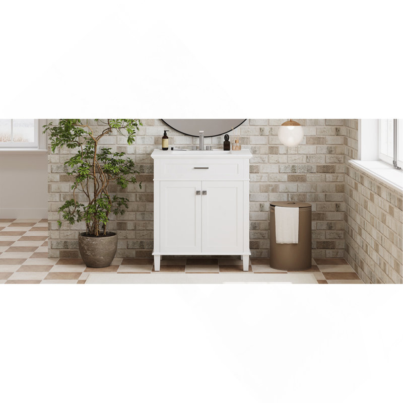 Meuble-lavabo de 30 pouces avec lavabo en céramique, porte à fermeture en douceur et tablettes réglables, Blanc