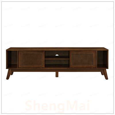 Meuble télé Mid-Century en rotin avec rangement, pieds en bois massif, pour téléviseur de 75 po ou moins, console multimédia