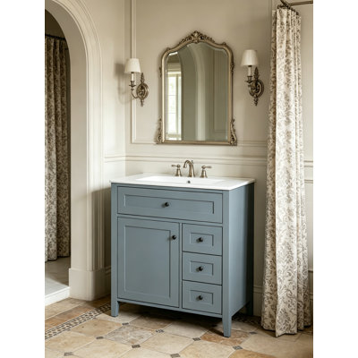 30" Freestanding Single Sink Bathroom Vanity, MDF Rubberwood Storage Cabinet With 3 Drawers & Adjustable Shelf For Bathroom