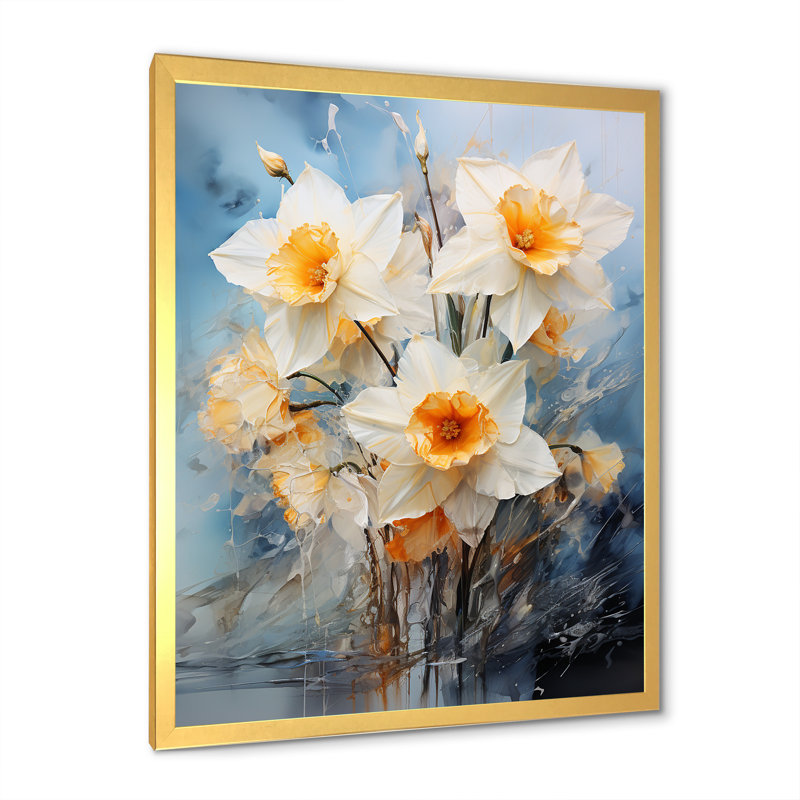«Soft Neutrals Grey White Daffodils Bloom», reproduction sur toile, H 44 po x l 34 po x P 1,5 po, Cadre doré simple