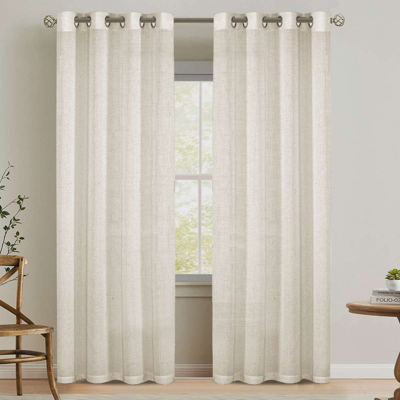 Linen Grommet Curtains for Living Room 2 Panel Drape Semi Sheer Neutral Country Rustic Farmhouse Boho Curtain Bedroom Muslin Look Light Filtering