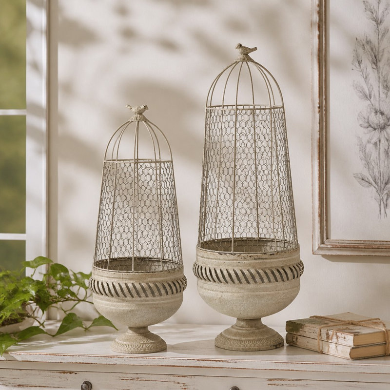 Cream Set Of 2 Metal Plant Cages, Cream