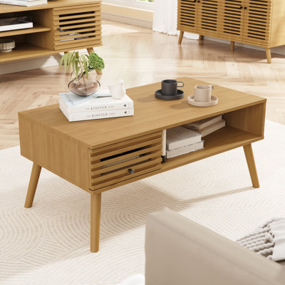 Coffee Table, Mid Century Modern Table With Storage, Living Room Center Table With Slatted Panel Drawer, Fluted Wood Coffee Table With Open Shelf For