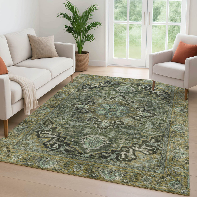 Premium Machine Washable Mayfield  global Rug, Olive, 9' x 12'