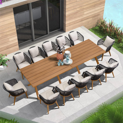 Alferd 14 Pieces Patio Dining Set Wicker Outdoor Furniture Rectangular Table And Chairs Set For Garden Deck Teak-finish Aluminum Frame Backyard Kitche