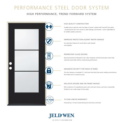 36 in. x 80 in. 3-Lite Clear Glass Black Exterior with White Interior Finish Steel Prehung Front Entry Door