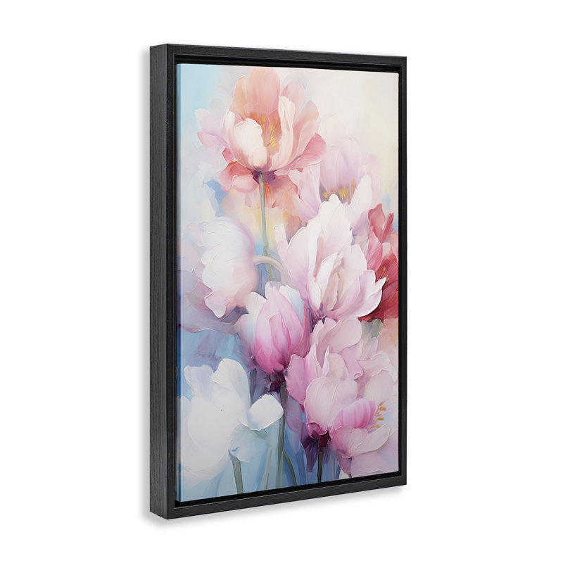«Soft Tulip Blossoms» par Gina Kelly, H 25 po x l 17 po, Cadre flottant noir de jais