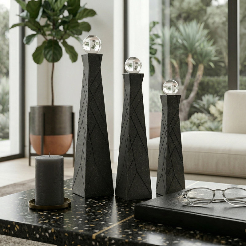 Modern Resin Statue Objects with Glass Orbs for Home Decor - Decorative Display for Living Room Decorations - Set of 3, 14",12",10", Black & Clear