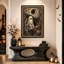 Art mural rétro sur toile, fantôme et chat noir avec citrouilles-1742948445