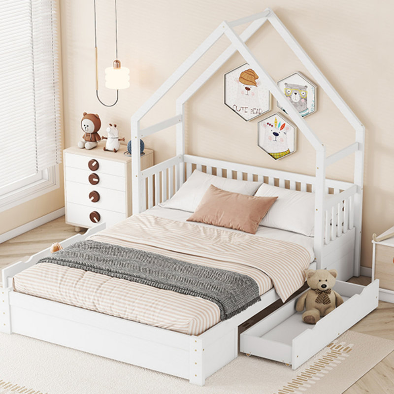 Grand lit plateforme en bois avec garde-corps et 2 tiroirs, Blanc