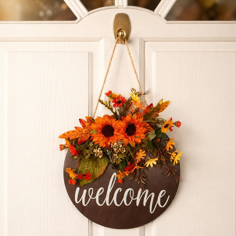 Panneau d'automne en forme de tournesol - porte d'entrée en bois 13,78 po avec tournesols artificiels et baies, récolte murale d'automne