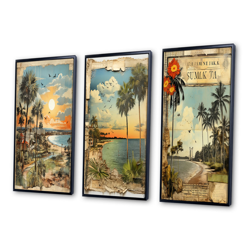 Florida Wall Art, ensemble de 3 pièces sur toile - Collage de palmiers de Floride rétro et plage I, Cadre flottant blanc