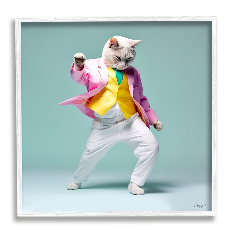Az-157-Reproduction d'un chat dansant sur toile par Roozbeh, Giclée encadrée blanc bord de mer, H 17 po x l 17 po x P 1,5 po