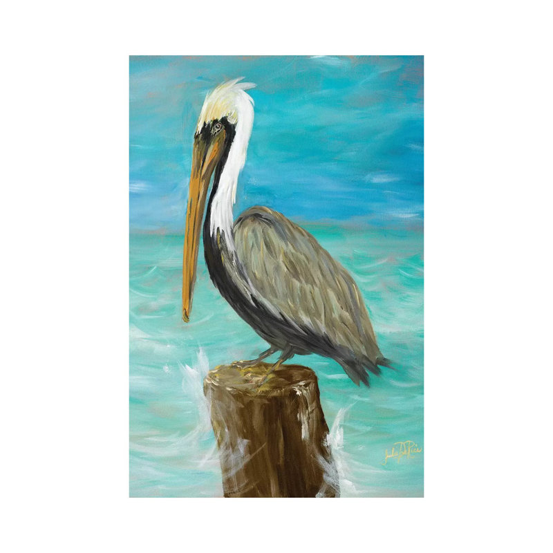 Single Pelican On Post by Julie Derice - Print on Canvas, 20.32 cm H x 30.48 cm W, No Frame