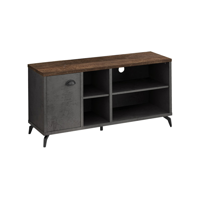 Meuble télé brun et gris avec tablettes réglables