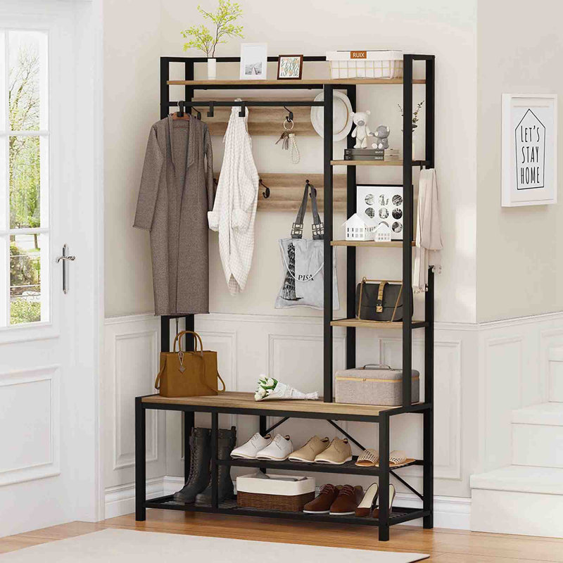 Hall Tree 41.34'' Wide with Bench and Shoe Storage, Vintage Oak