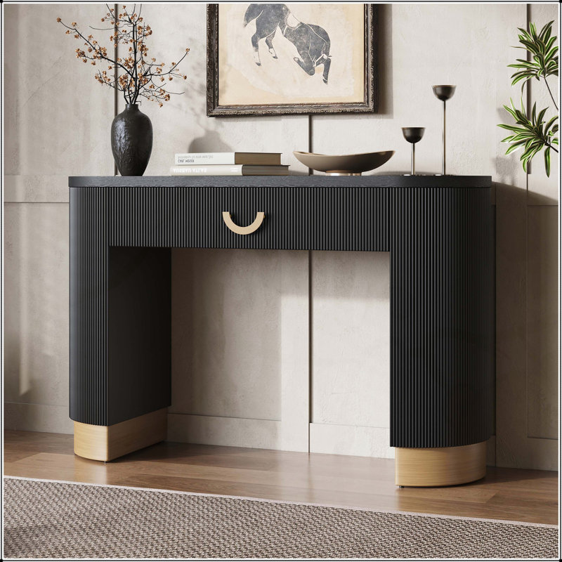Console moderne Mirod avec nervures verticales, rangement compact et tiroir fonctionnel