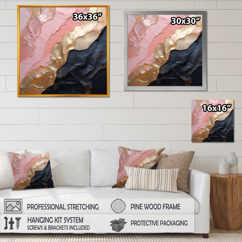 Art mural minimaliste avec poterie abstraite rose, H 36 po x l 36 po x P 1,5 po, Cadre doré simple