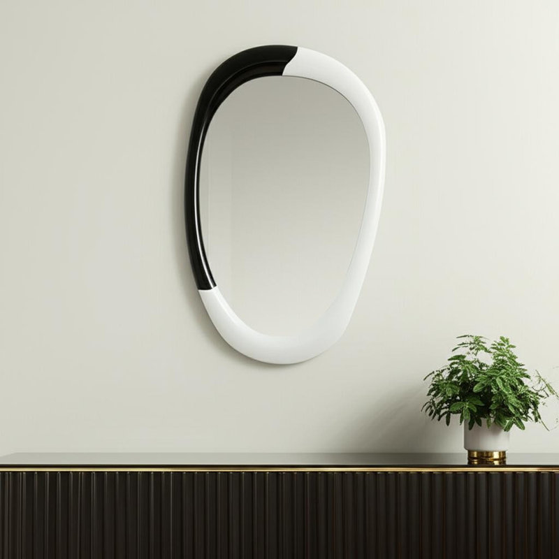 31" Black And White Steel Oval Geometric Framed Accent Mirror
