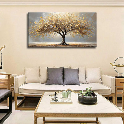 Grand arbre de vie doré, toile, art mural rétro, arbre abstrait, peinture, image, plante dorée nordique, fleurs, affiches, impressions pour salon, salle de bain, chambre, bureau, couloir, décoration de la maison