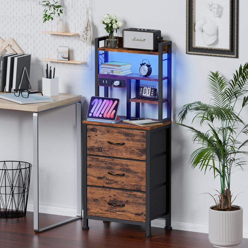 Table de chevet moderne avec tablettes de rangement, tiroirs, éclairage à DEL et station de charge USB, table de bout de chevet pour la chambre à coucher
