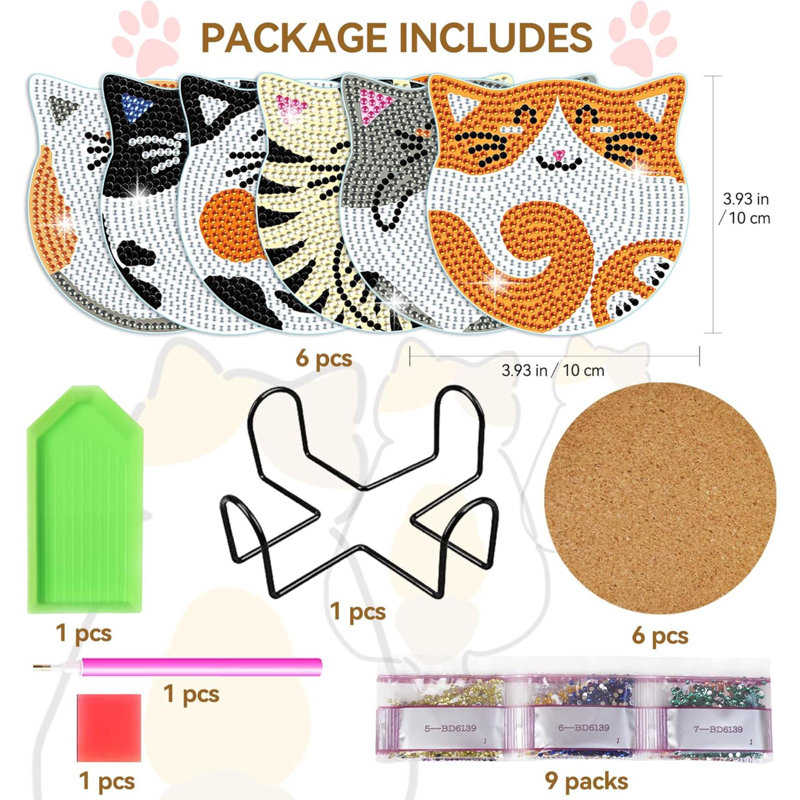 Ensemble de sous-verres à peinture diamant, 6 sous-verres à chat en forme de diamant avec support, ensembles de bricolage pour sous-verres, ensembles d'art pour adultes