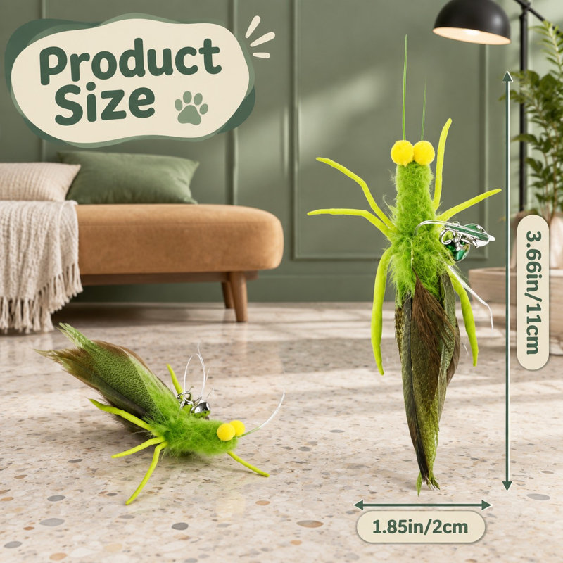 Ce lot de 3 recharges de plumes suspendues est orné de motifs de sauterelles et d'insectes, conçues comme embouts de rechange pour baguettes à chat destinées aux chatons et aux petits chats d'intérieur.