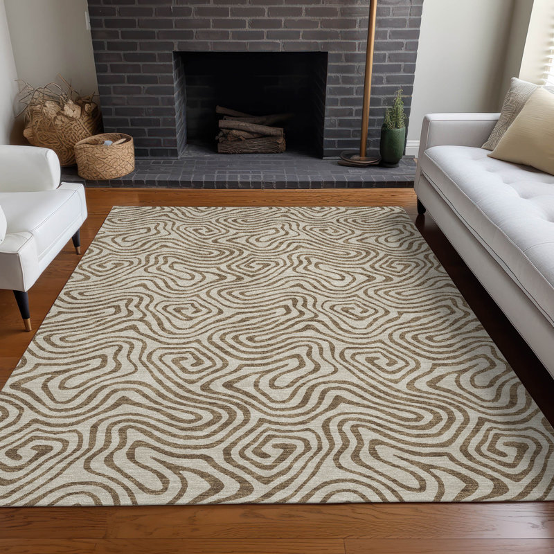 Beige and Brown Swirl Pattern Washable Synthetic Rug 5' x 7'