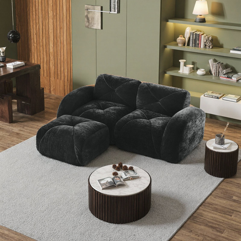 Canapé en velours ultra-moelleux et modulaire avec repose-pieds: un bonheur en forme de L, 2, Bleu