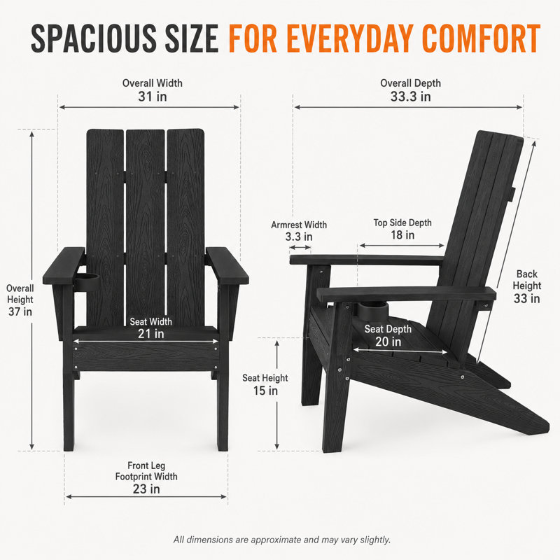 Modern Adirondack Chairs with Cup Holders All Weather HIPS Outdoor Chairs with Wide Armrests Oversized Plastic Patio Lounge for Lawn, Patio and Pool, Black