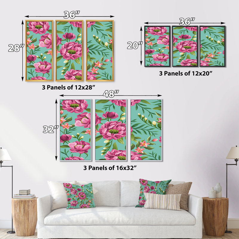 Fuchia fleurs sur fond vert vintage - ensemble d'art mural sur toile traditionnel encadré de 3, H 32 po x l 48 po, Brun
