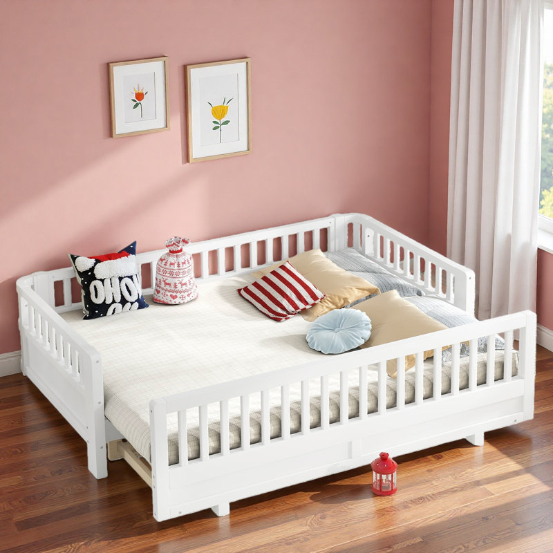 Lit plateforme avec garde-corps et taille convertible, Blanc, Très grand simple