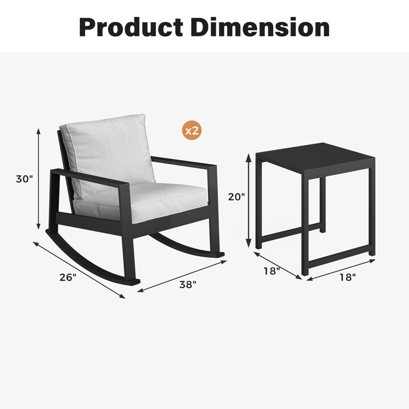 3-Piece Outdoor Rocking Chair Set With Side Table, Light Grey