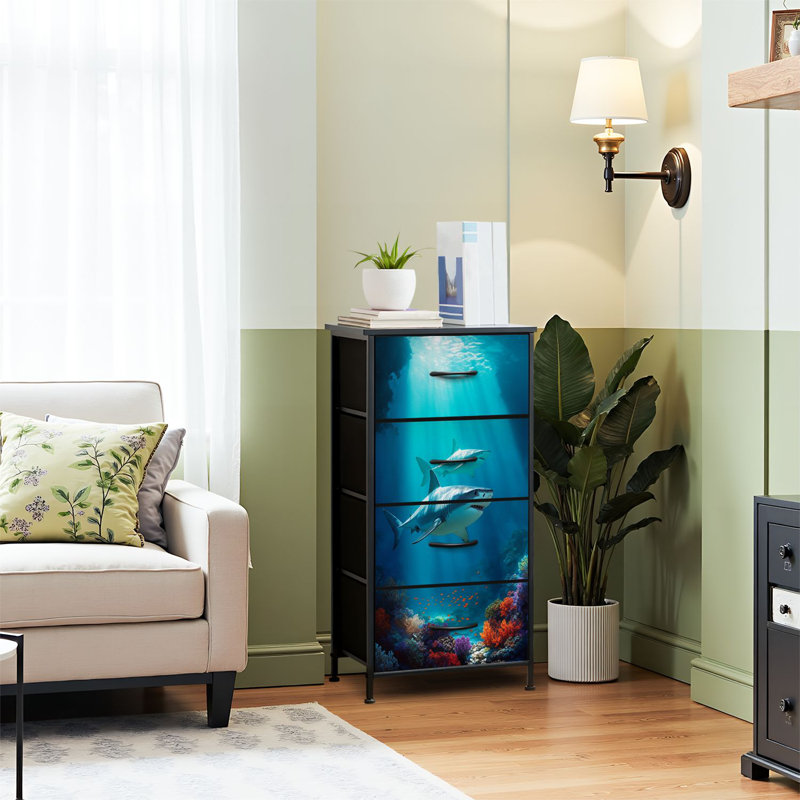 Dresser for Bedroom Dresser for Closet Shark Theme Underwater Deep Ocean Animals Fish Aquarium Sharks Dressers & Chests of Drawers Fabric Closet Organizers and Storage with 4 Drawers Storage Bins