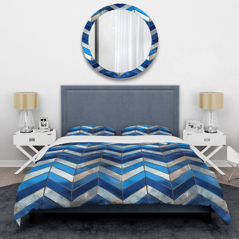 Ensemble de housse de couette moderne à chevrons bleu argenté et bleu métallique