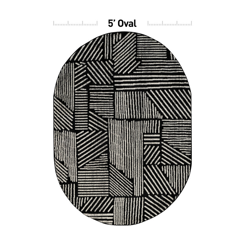 Tapis géométrique noir / ivoire Rambo, Ovale 5 pi x7 pi, Black