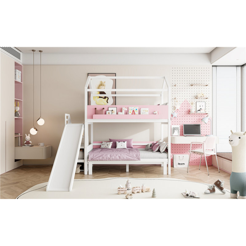 Lits de rangement à glissière, lit jumeau en bois au-dessus du style maison double pour maison d'enfant moderne