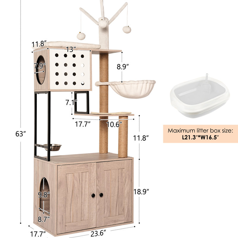 Chat gris avec bac à litière et zone d'activité intégrés, fonction 3-en-1, poteaux à griffer, tapis d'alimentation amovible, facile à nettoyer, arbre de conception américaine, bol confortable, fabriqué en