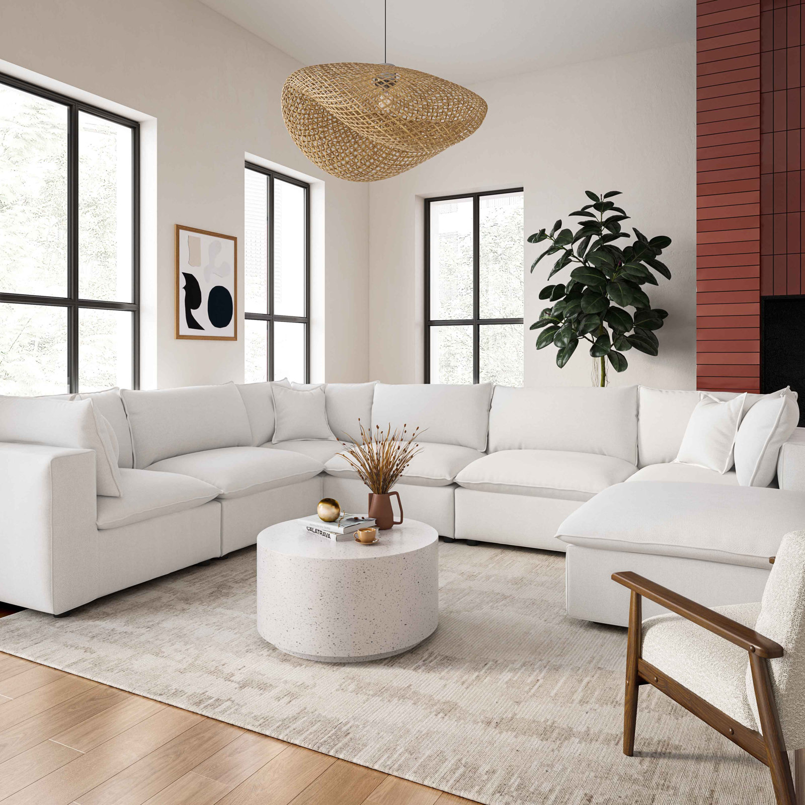 Ellaria Modular Upholstered Reversible U-Sectional, White Polyester