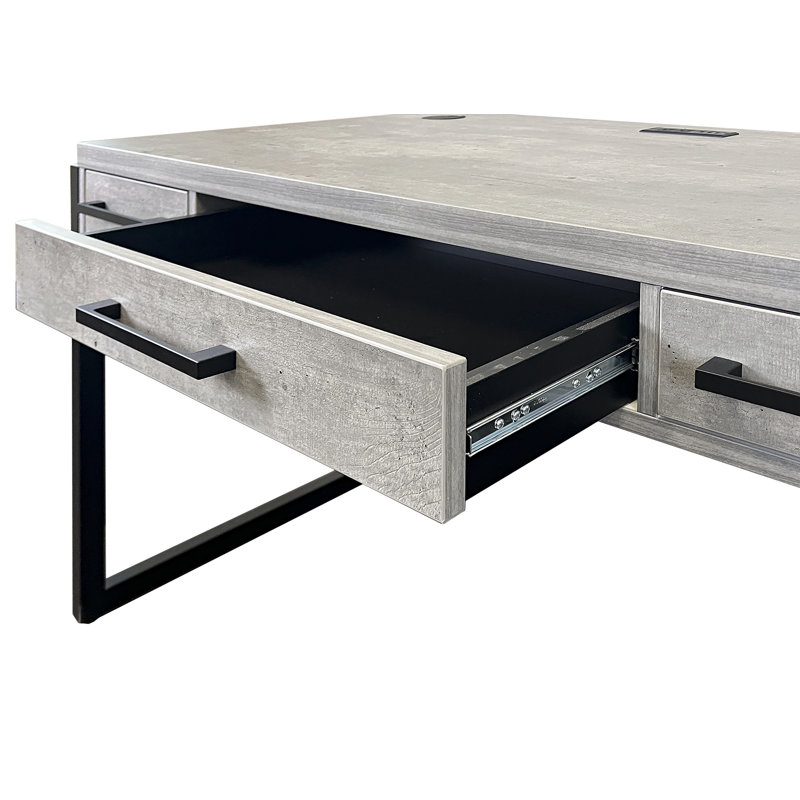 Armillia Solid Wood Base Computer Desk with Power Outlet, Gray/Black