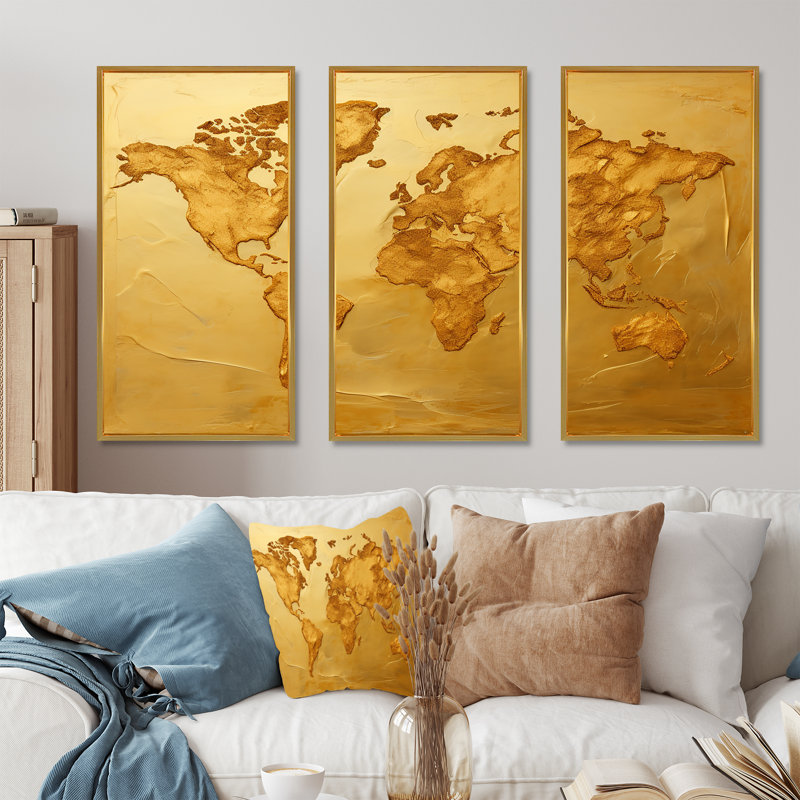 Carte du monde doré - ensemble d'art mural carte du monde, H 32 po x l 48 po x P 1 po, Cadre flottant doré