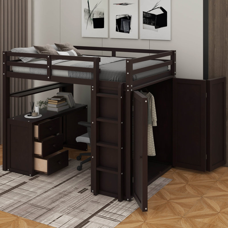 Full Loft Bed With Drawers,Desk And Wardrobe, Espresso