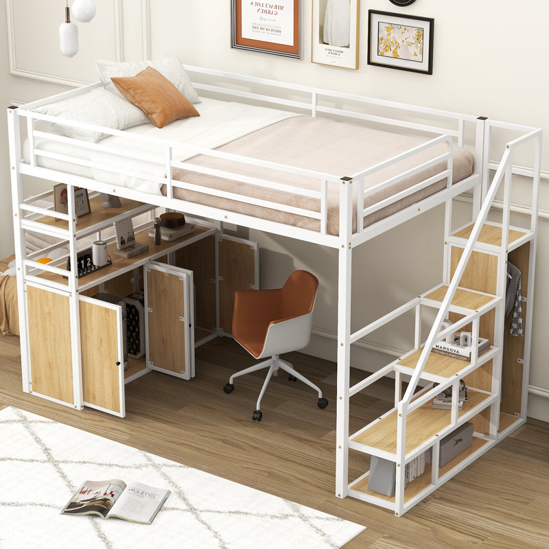 Lit mezzanine en métal avec escalier de rangement et garde-robe