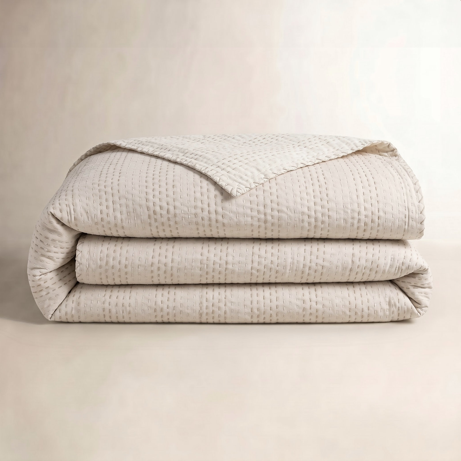 Soild Kantha Cotton Coverlet Set, King Coverlet, Cream