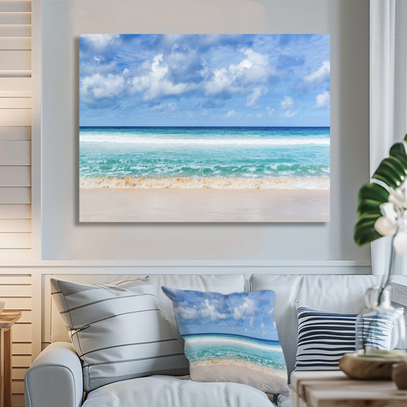 « Tranquil Beach Under White Clouds » - Impression, Toile tendue, H 34 po x l 44 po, Sans cadre