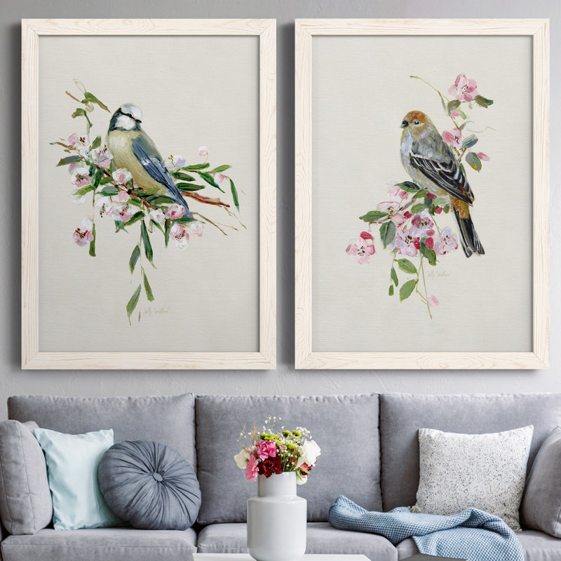 «Spring Song Blue Bird», ensemble de 2 peintures sur toile encadrées, Blanc, H 20 po x l 34 po x P 1,5 po