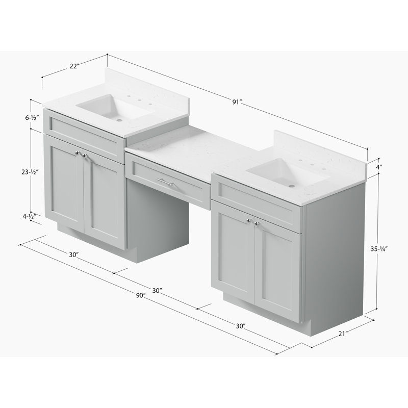 Meuble-lavabo double 91 po avec comptoir en quartz 91 po, Gris