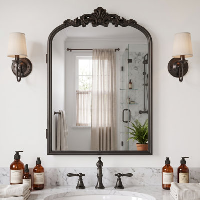 Arched Wall-Mount Medicine Cabinet with Ornate Corner Detail – Vintage Style Bathroom Mirror with Storage, 4 Adjustable Shelves, Brushed Sliver, 24"x32"