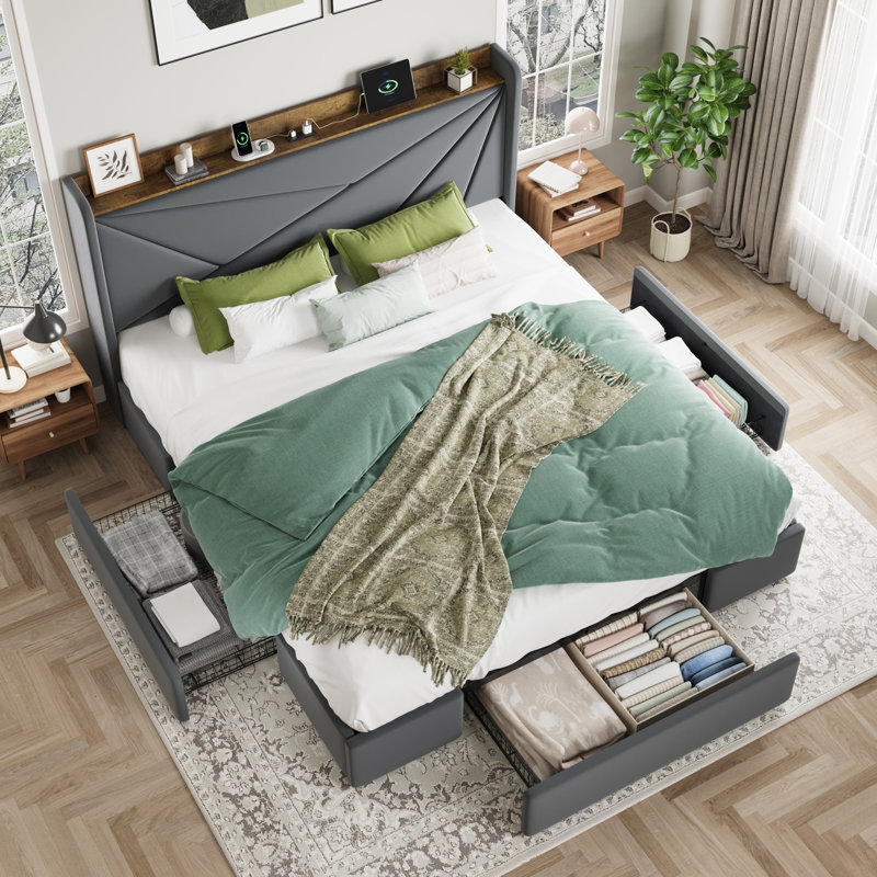 Modern Upholstered Bed With Charging Station & Storage Drawers, Velvet Wingback Headboard,Queen/Full/King Size, Gray, King