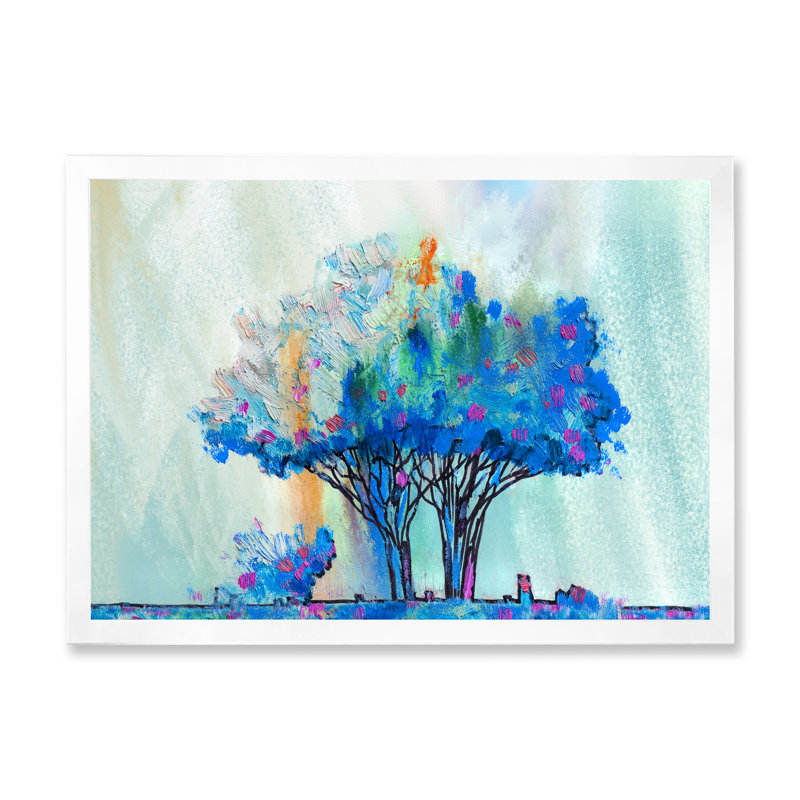 «Blue Colored Tree Impression I», peinture sur toile, H 12 po x l 20 po x p 1 po, Cadre blanc